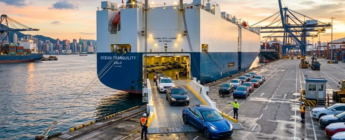 RoRo vessel loading vehicles at port — Car Shipping Worldwide